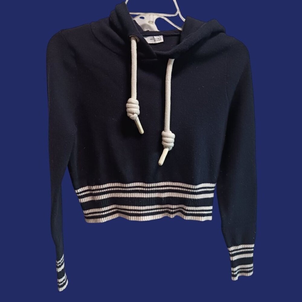 Zara Womens Striped Hem Cropped Hoodie Black & White Size Small